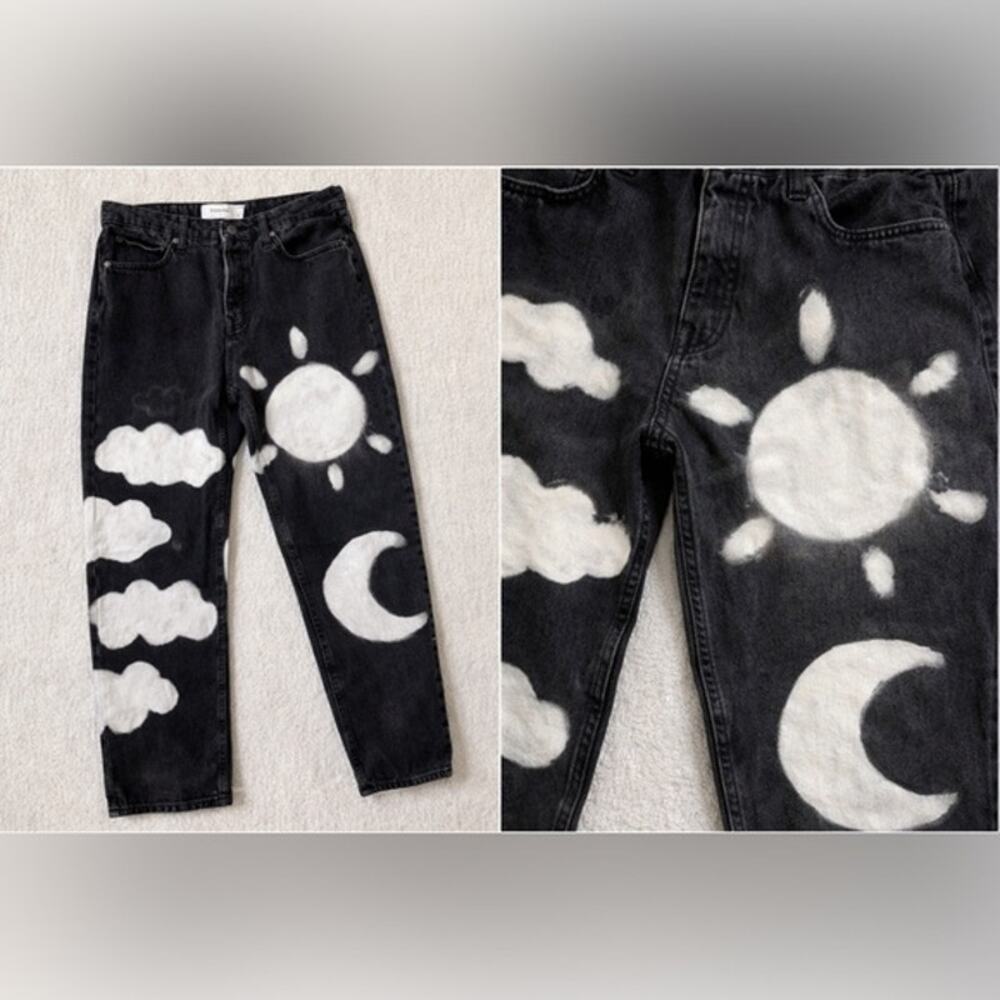 Spray Painted Celestial Jeans Sun Moon Clouds Festival Street Black Denim Sz 34